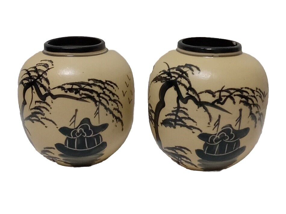 Pair Of Asian Ginger Jar Vase Ivory And Black Ceramic Vase
