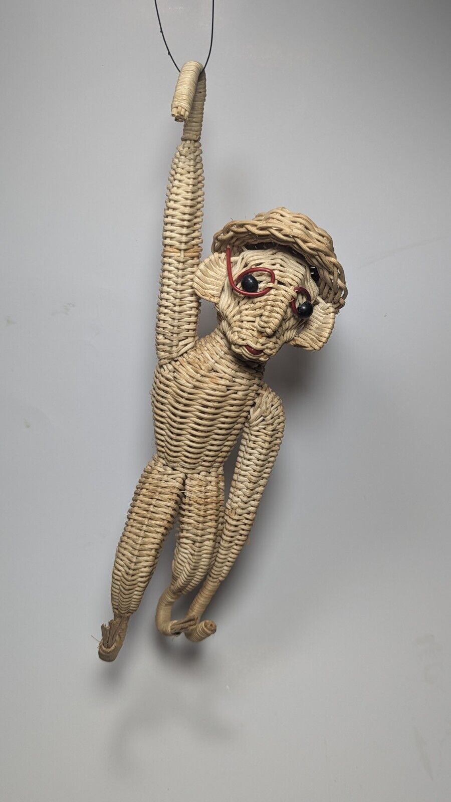 Vintage Woven Wicker Rattan Hanging Monkey, Top Hat, Red Glasses, MCM Mid 