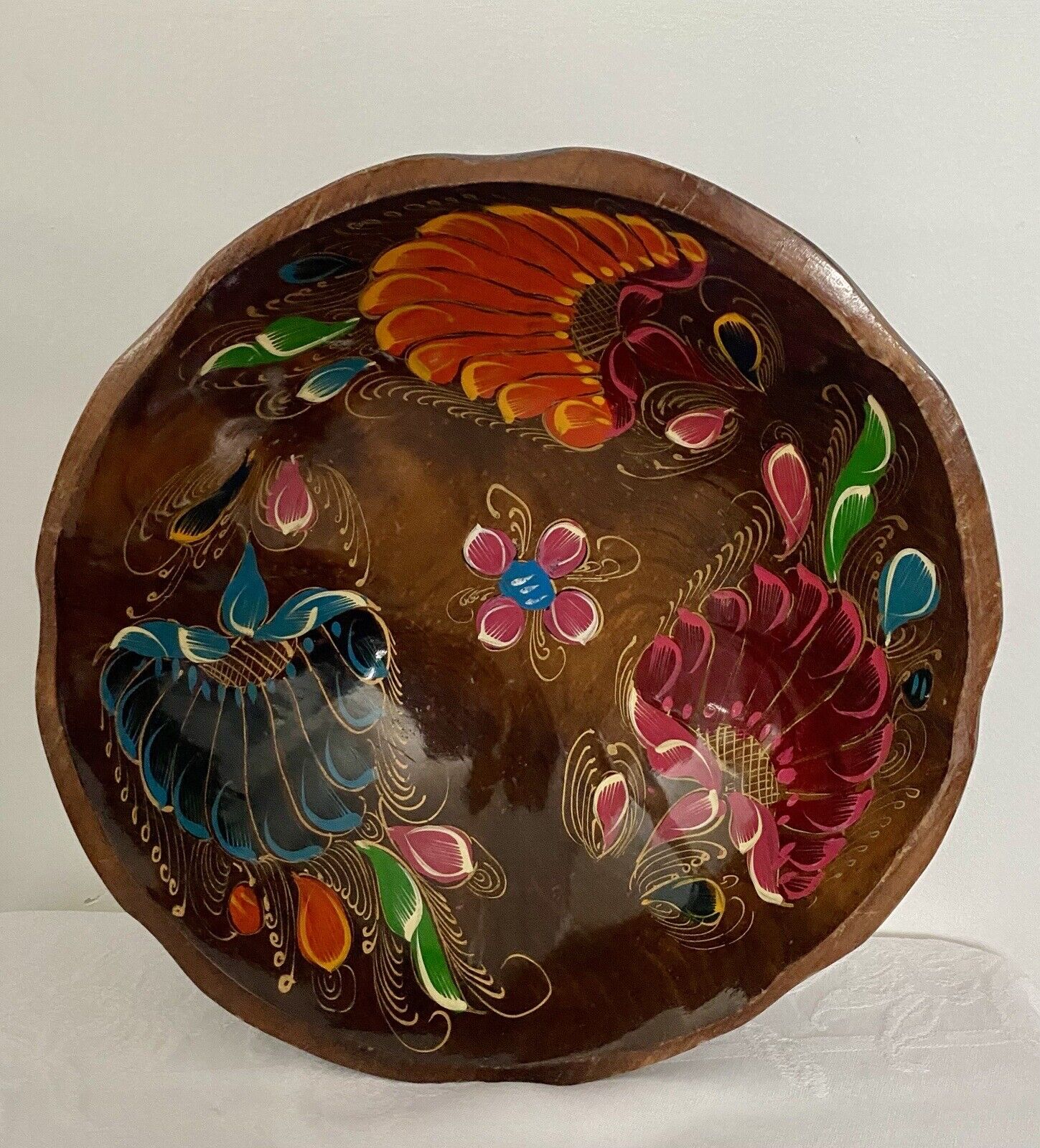 Vintage Hand Painted Mexican Folk Art Wood Batea Bowl Plush Floral 13.75” x 5”