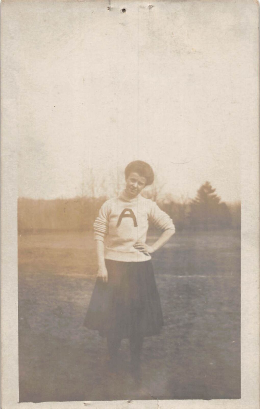 J80/ Interesting RPPC Postcard c1910 Cheerleader? Woman Sweater 258