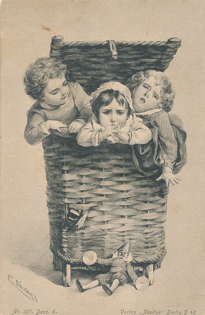 Three Children in Wicker Basket - udb (pre 1908)
