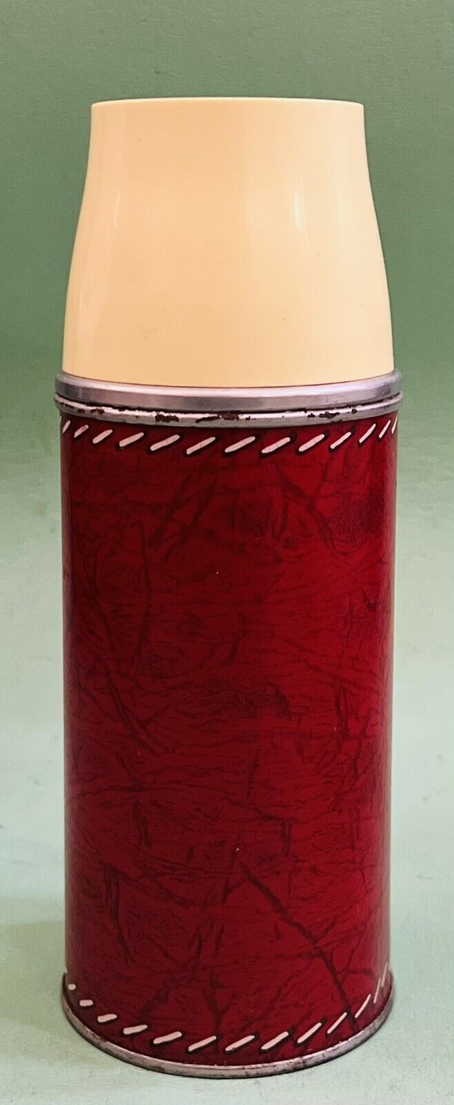 Vintage 1950's Thermos Brand Vaccum Bottle Model 3153 Faux Stitched Red Leather