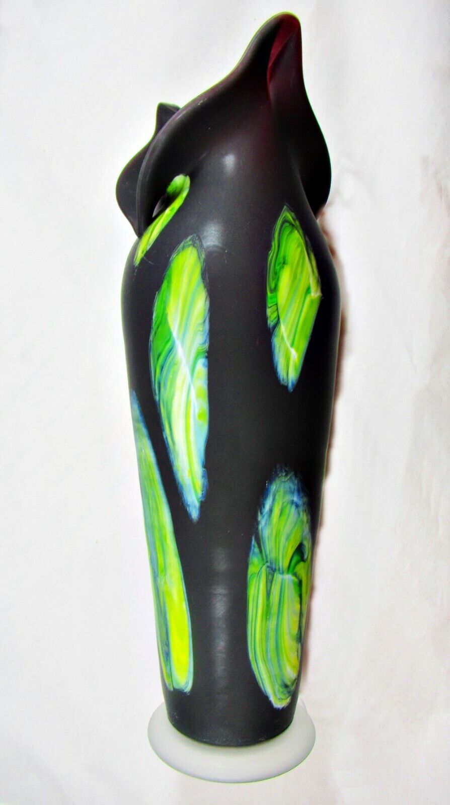 10 Mid-Century Modern Hand Painted Azerbaijan Blown Black Satin Glass Vase 16\