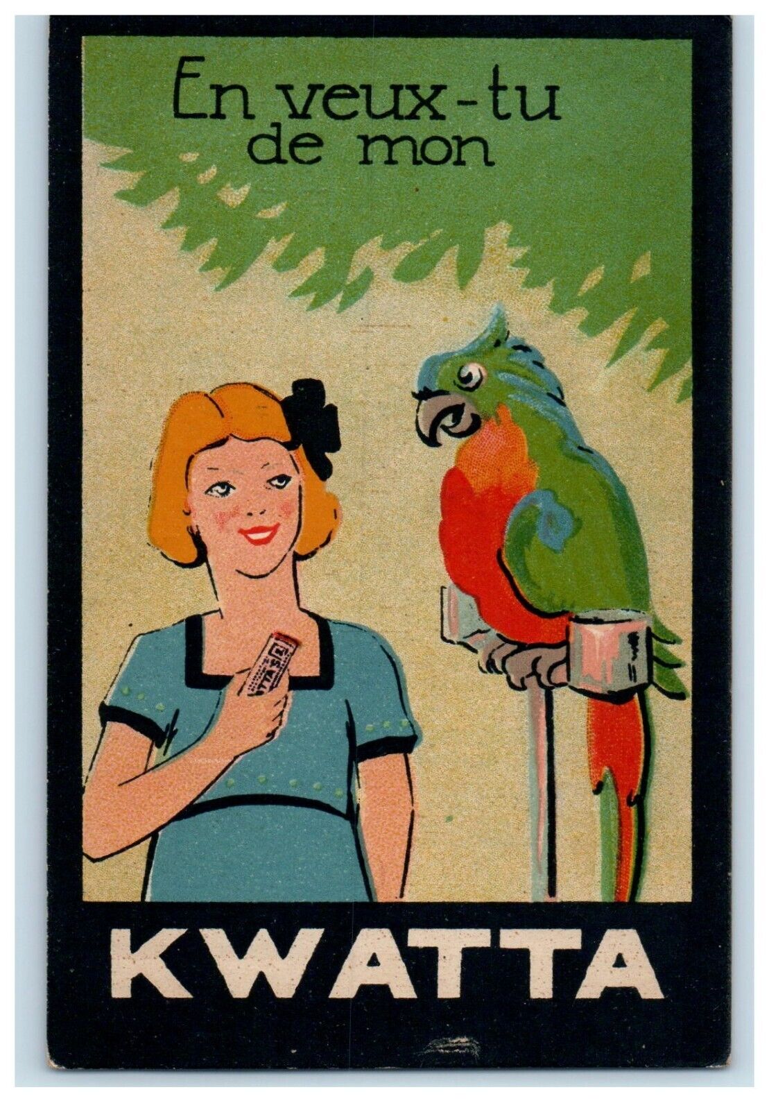 c1920\'s Kwatta Chocolate Bar Advertising Parrot Girl Art France Postcard