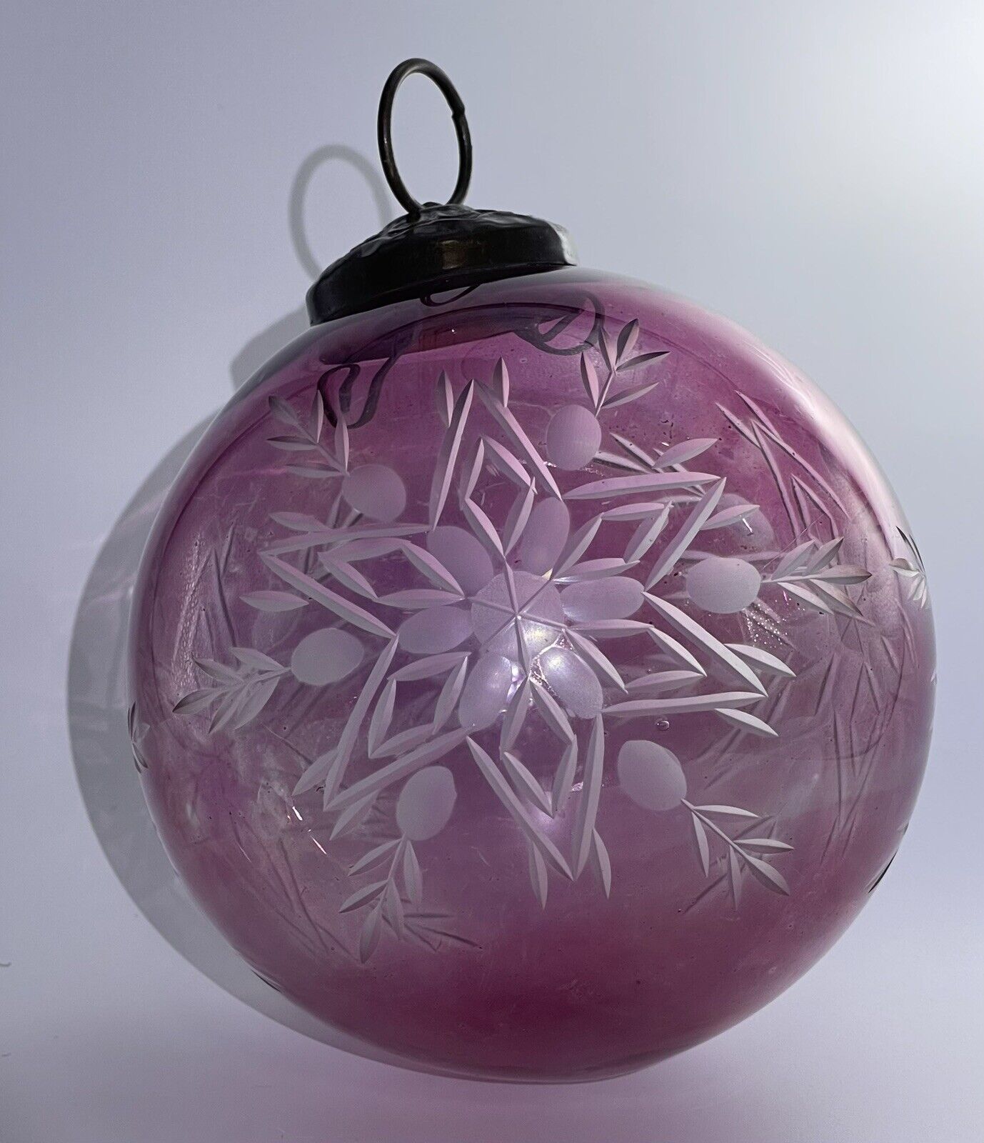 Pink Etched Glass Christmas Ornament Cut to Clear Ball Snowflake 4”