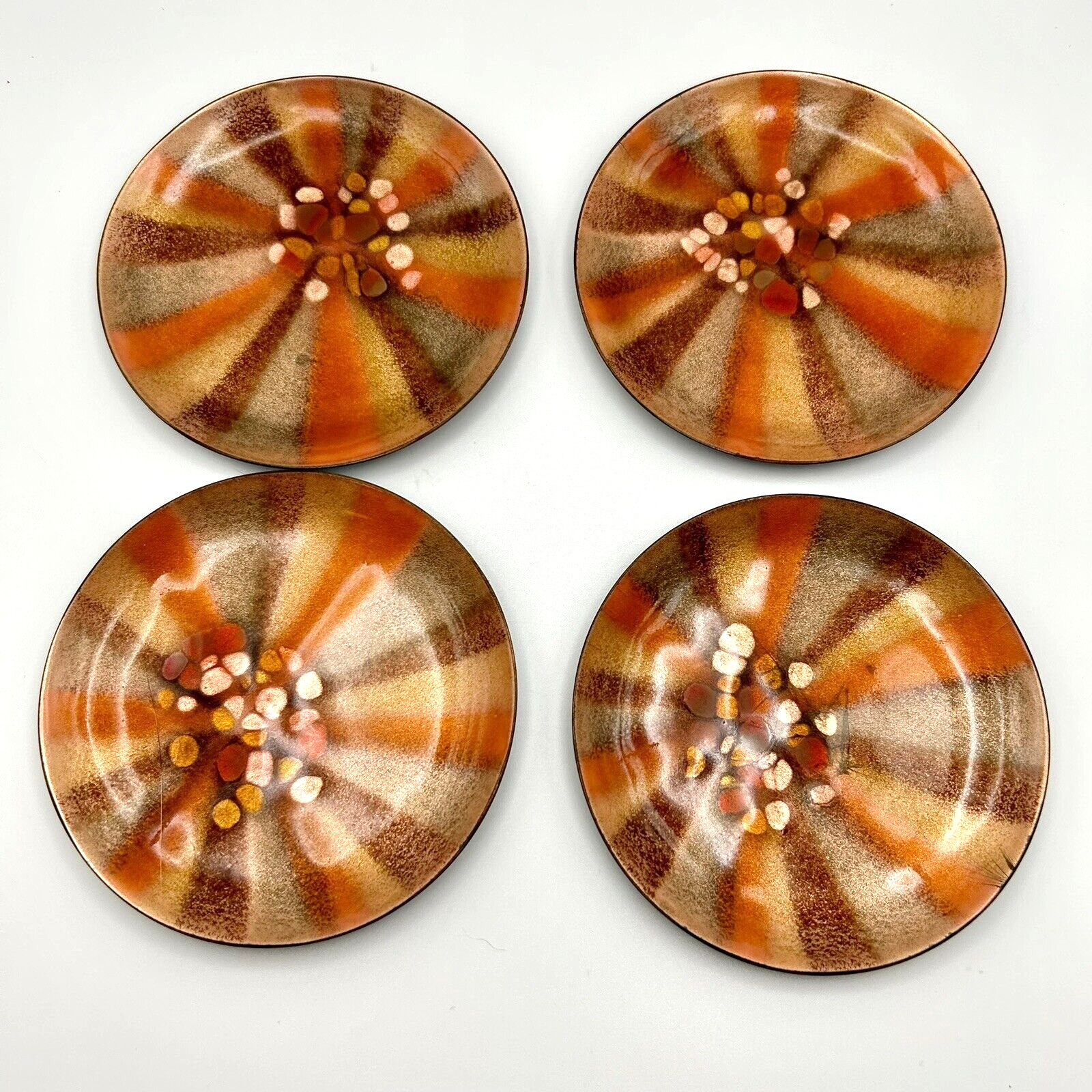 4 Vintage Bovano of Cheshire Enamel on Copper Small Dish Coaster Mid Century Set