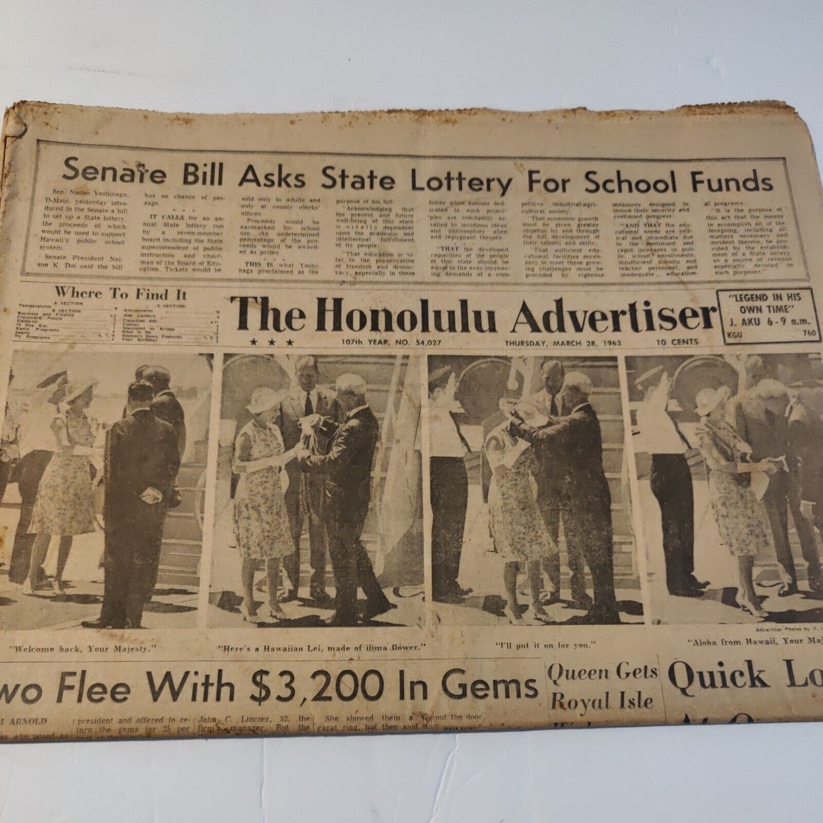The Honolulu Advertiser March 28, 1963 Queen Elizabeth ll visit