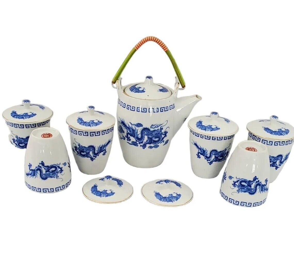 Vintage Great China Blue Dragon Tea Pot Set w Tea Cups & Lids Taiwan Bone China