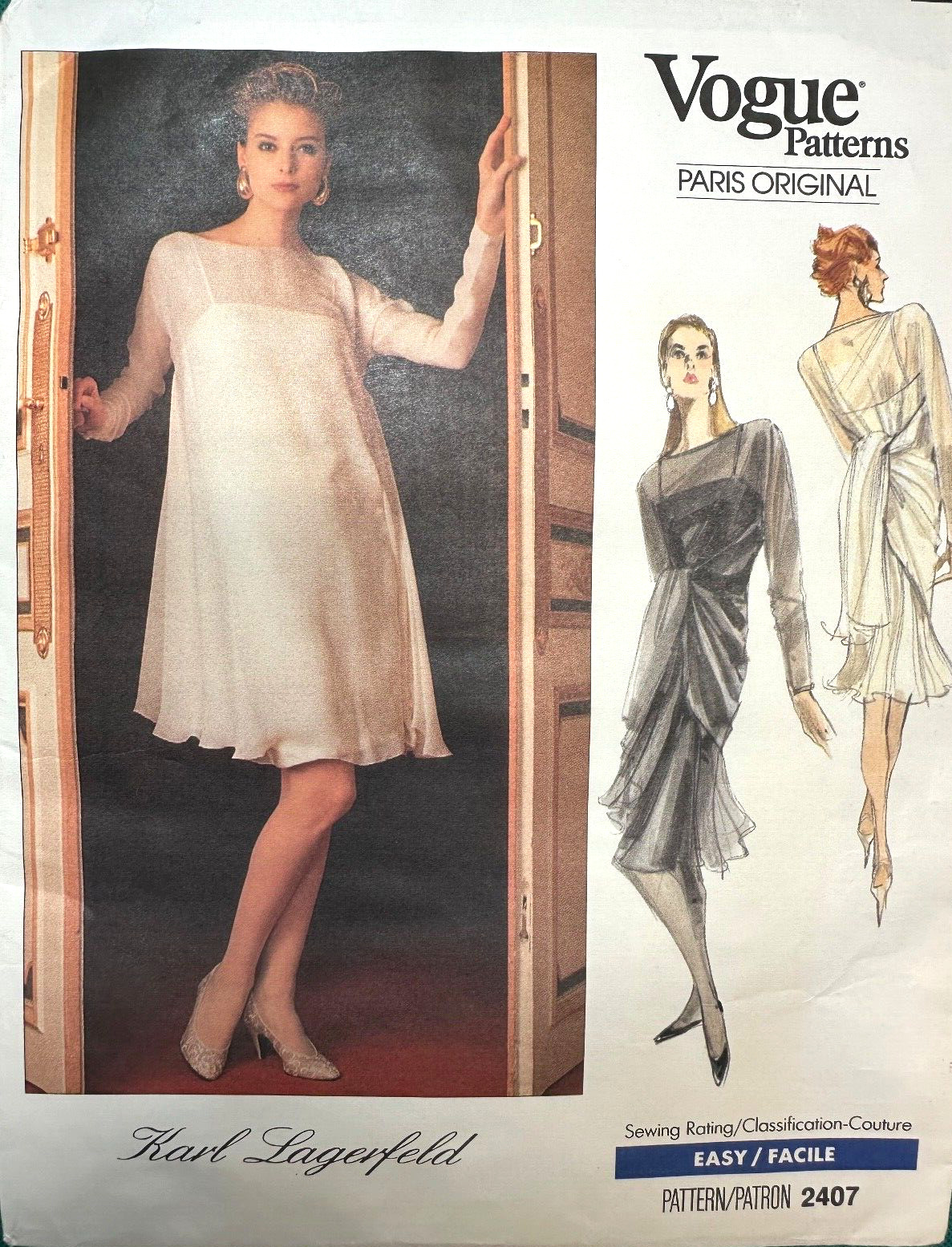 VOGUE Paris Original KARL LAGERFELD Swing Dress Pattern Slip Dress 2407 Sz12-14