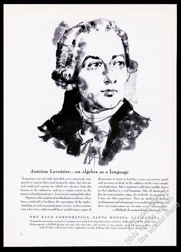 1960 Antoine Lavoisier portrait and quote The Rand Corporation vintage print ad
