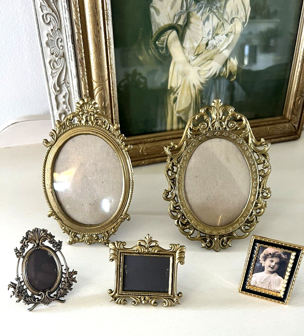 Lot of 5 Mid Century Modern MCM Brass Tone, Metal Picture Frames