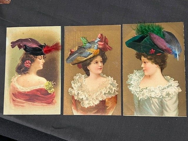 VIVID COLORFUL ,SET OF THREE,PRETTY WOMEN W/ REAL FEATHER HATS