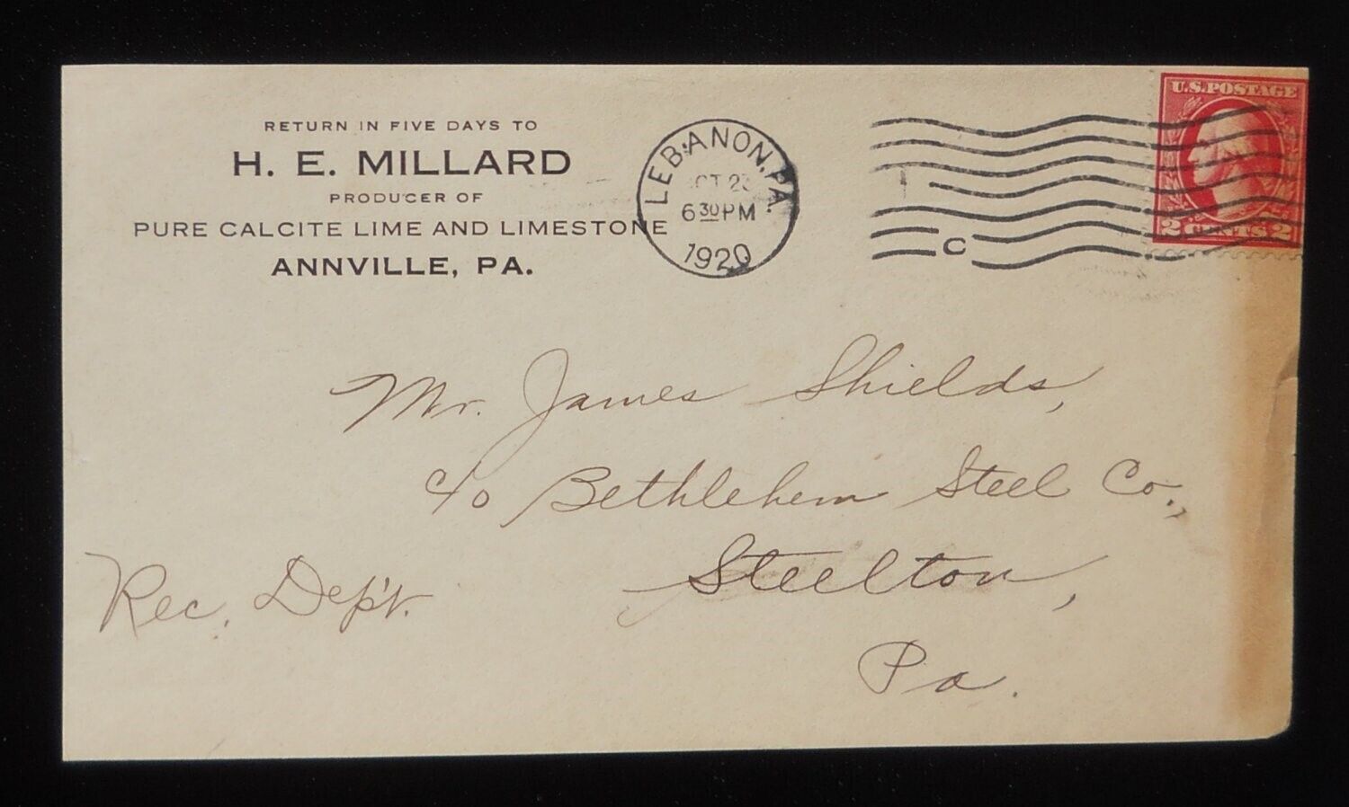 1920 POSTAL HISTORY H. E. Millard Pure Calcite Lime and Limestone Annville PA