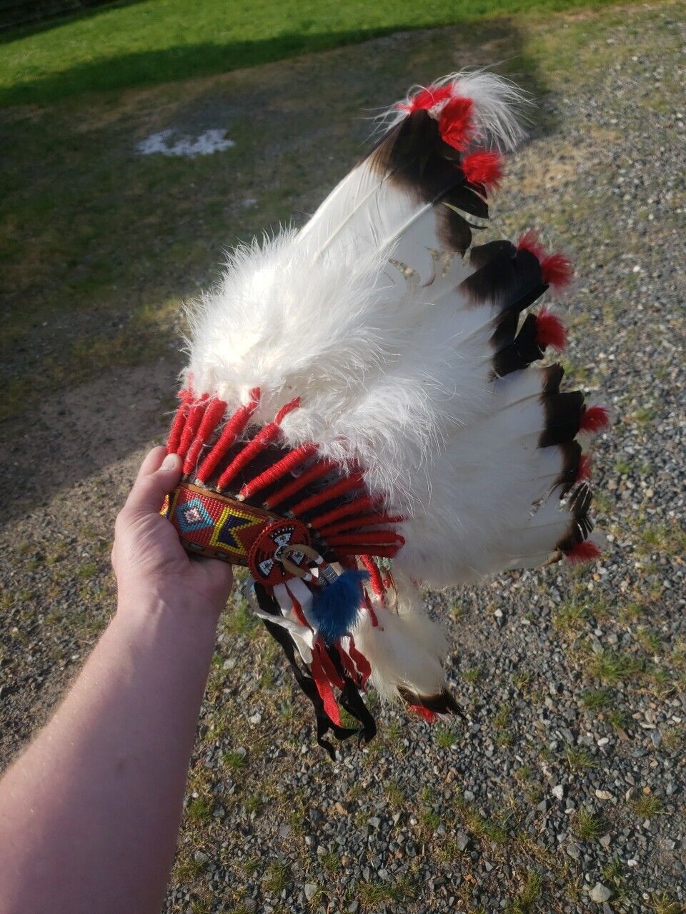 Vtg Native Feather Head Dress Bead Leathet Feather Ect SEE
