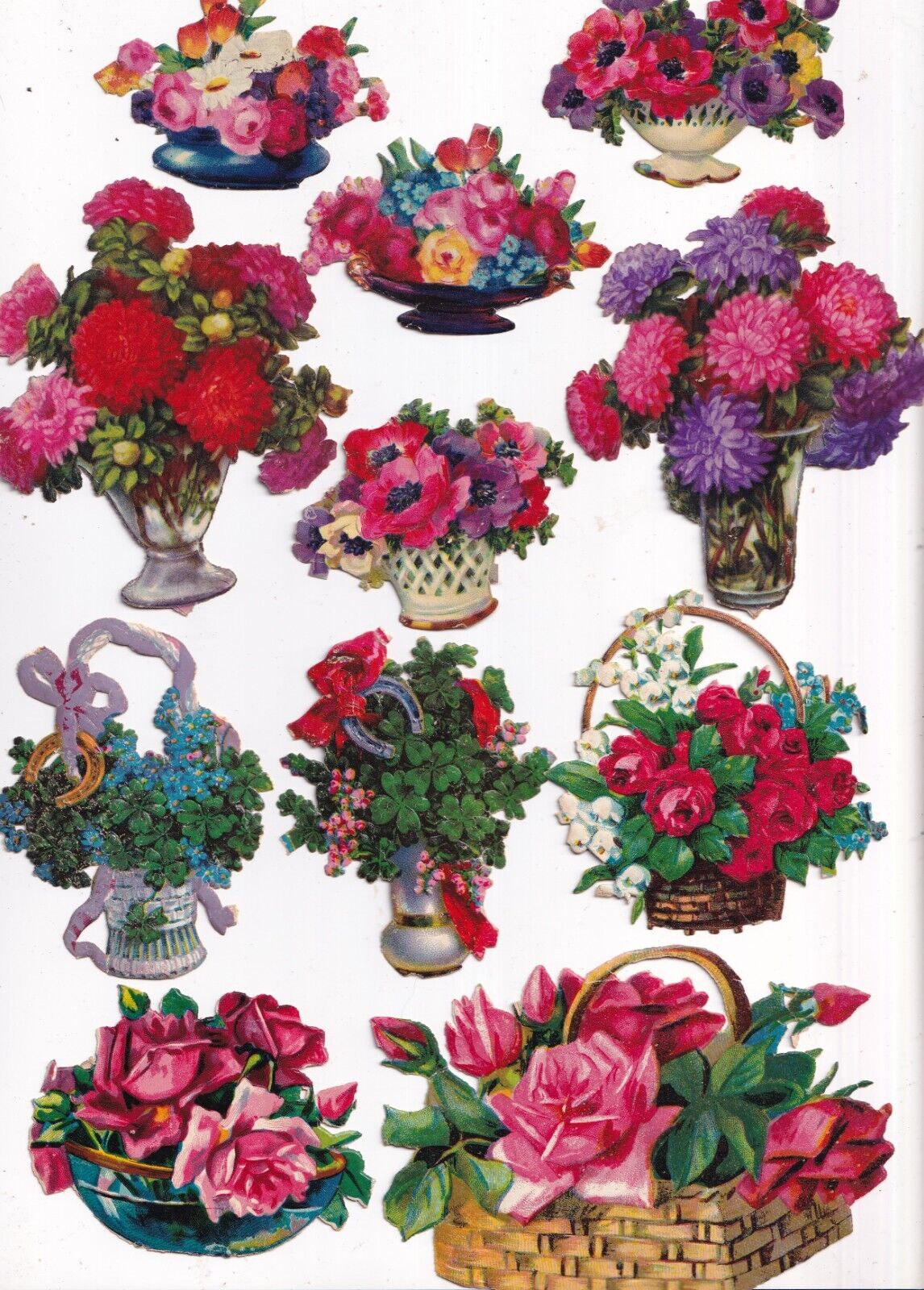 Vintage Antique Die Cut Scrap Lot - Floral Basket\'s & Vases Up to 3.25x4.5 inch
