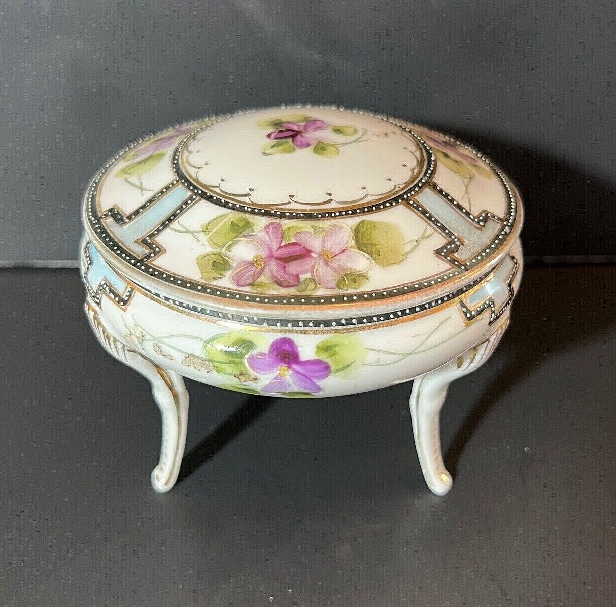 Antique Nippon Morimura Footed Vanity Dresser Dish 1910-11 Hand Painted Violets