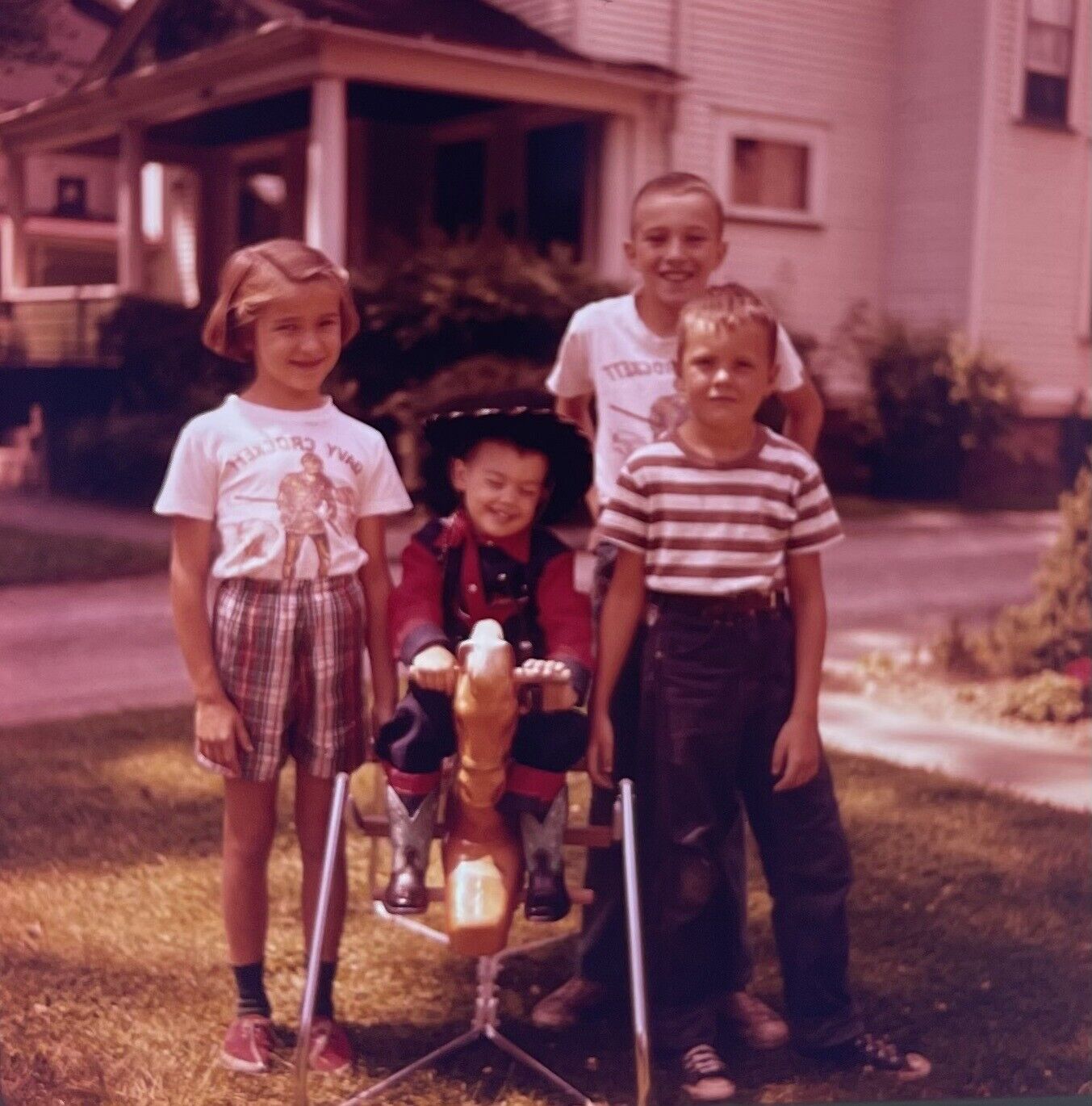 c1950s Family~Siblings~Boy in Cowboy Costume~Rocking Horse~120mm VTG Film Slide