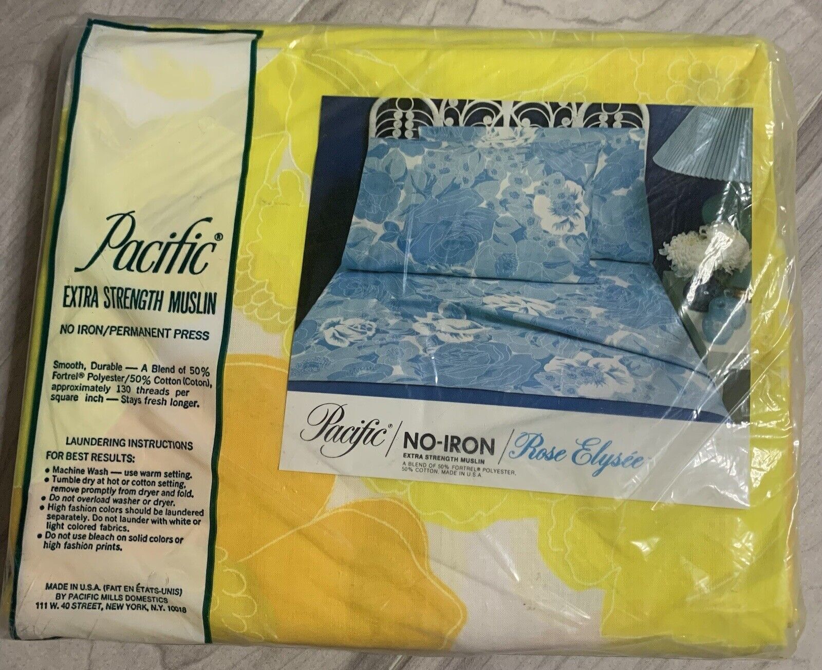 Vtg Pacific No-Iron Extra-Strength Muslin Twin Bed Flat Sheet Floral NEW Yellow