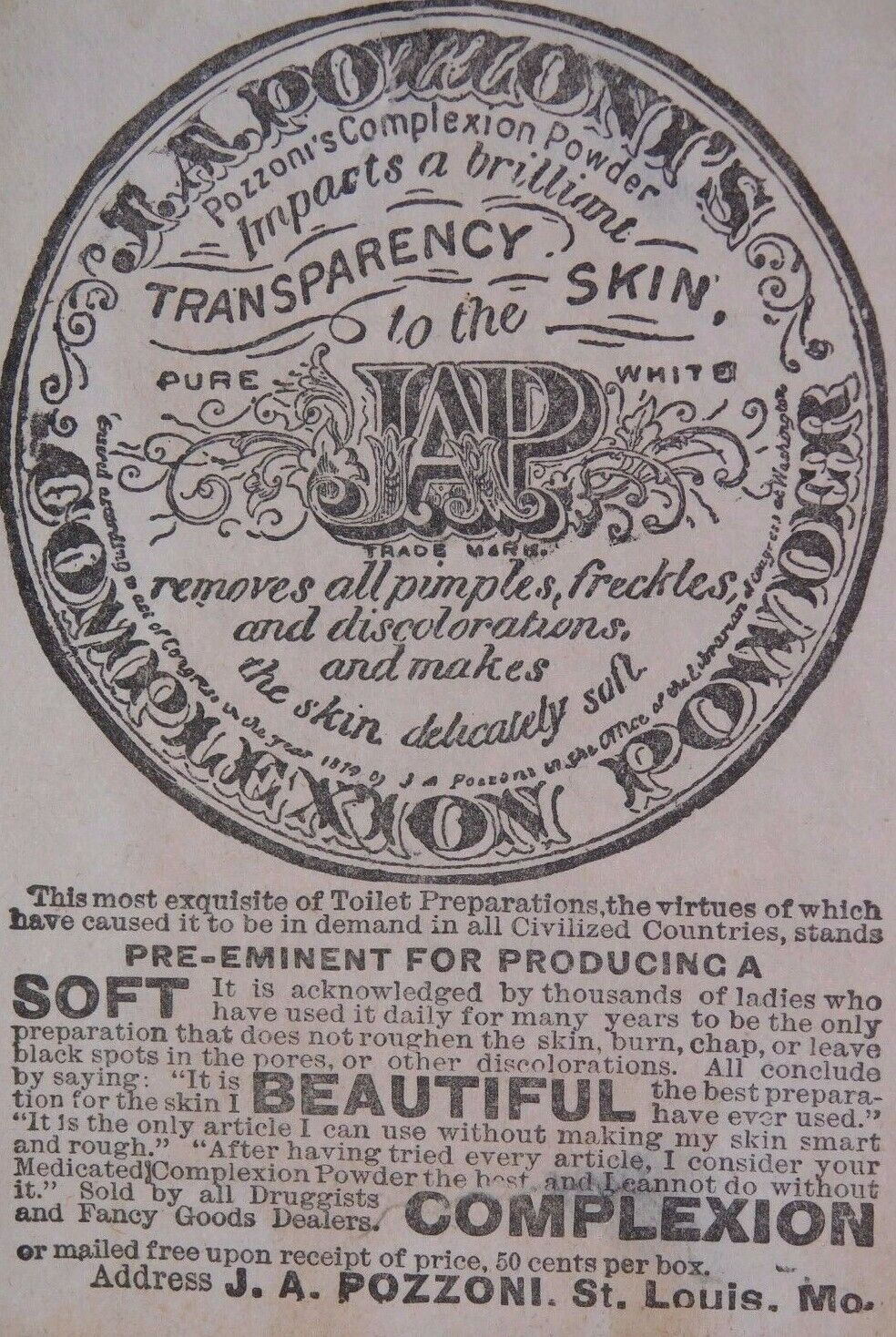 1870s-80s J.A. Pozzoni\'s Complexion Powder Engraved Victorian Print Ad L14