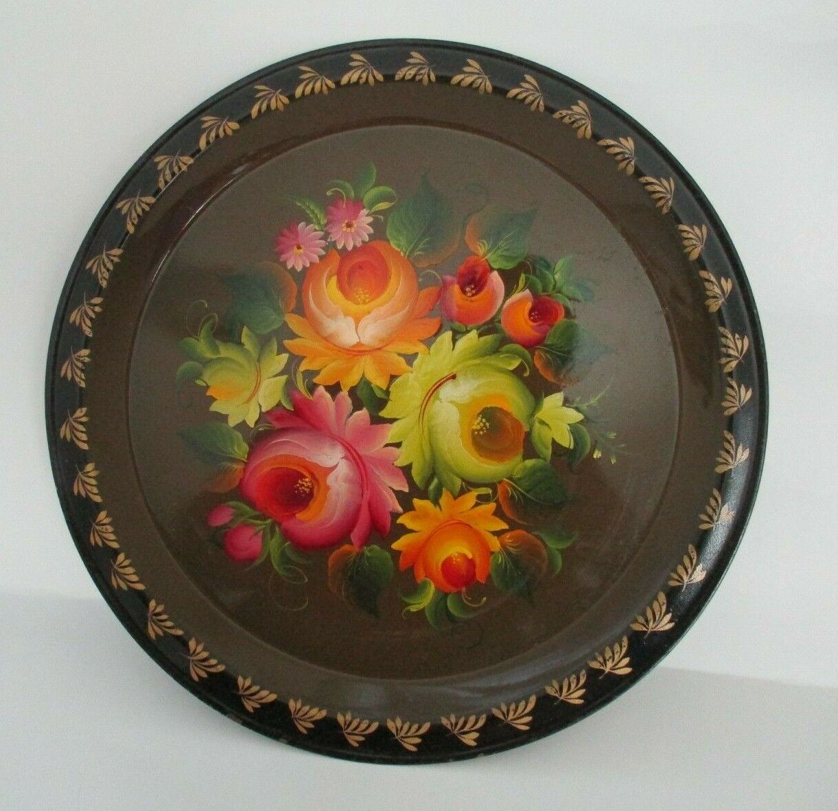 Vintage Russian Tole Painted Cabbage Roses Tray Signed OTH No. 8