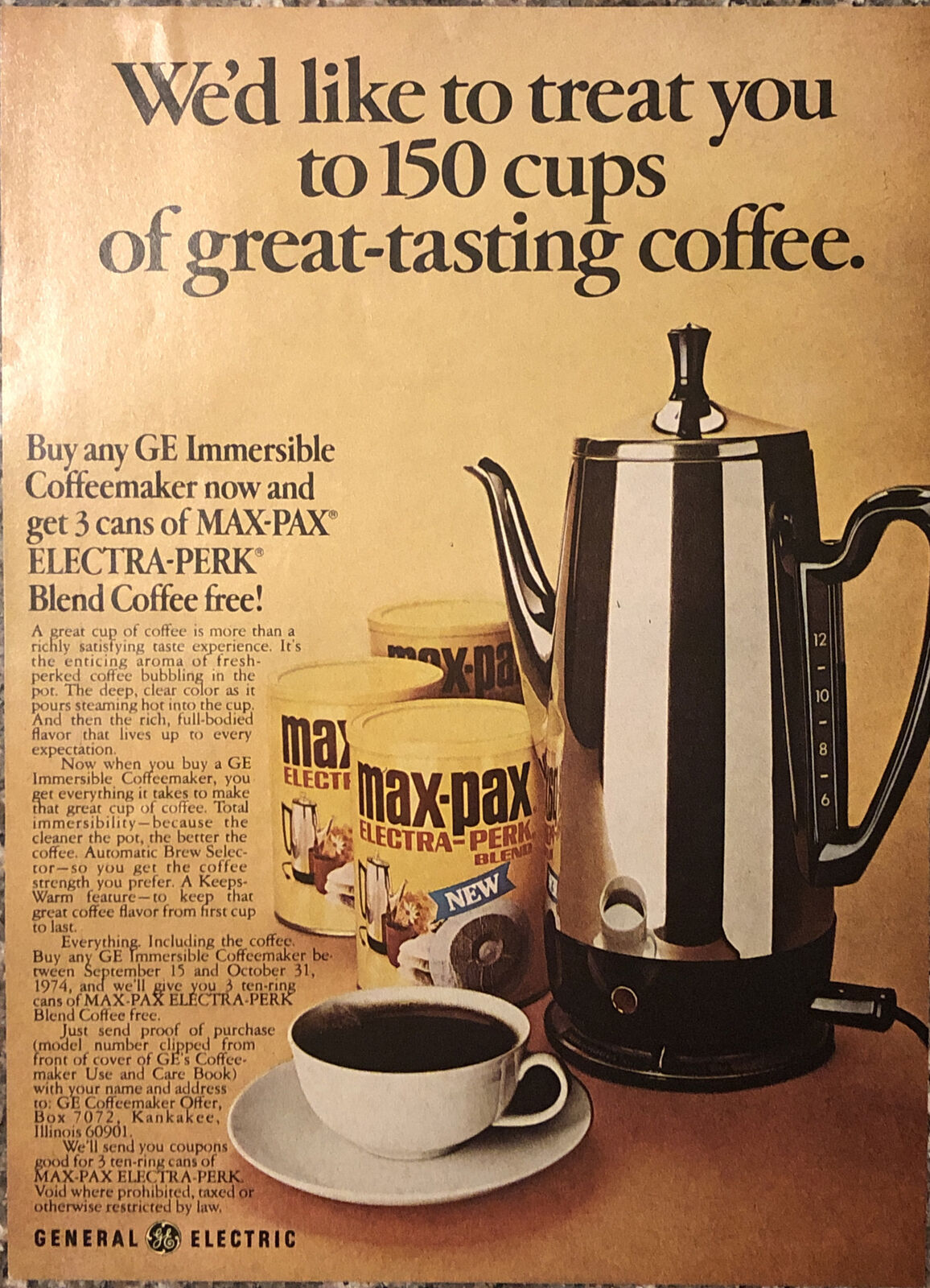 1974 General Electric Immersible Coffeemaker VTG 1970s PRINT AD Max-Pax Coffee