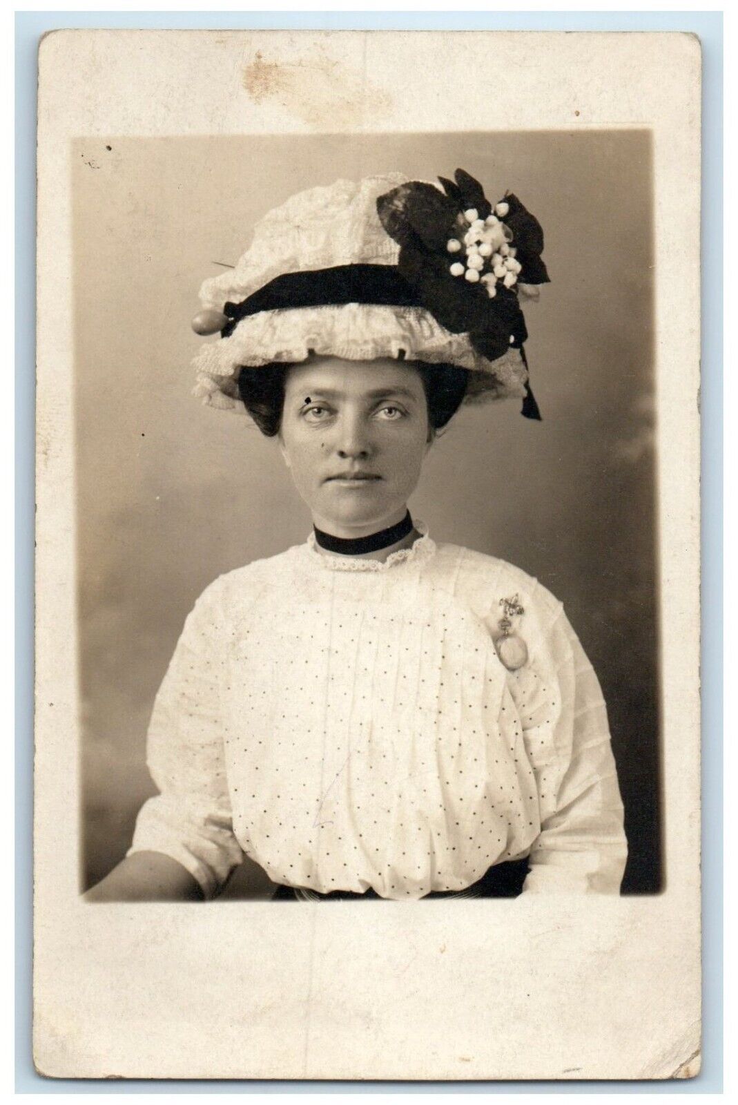 c1910's Woman Floral Bonnet Hat Studio Portrait RPPC Photo Antique Postcard