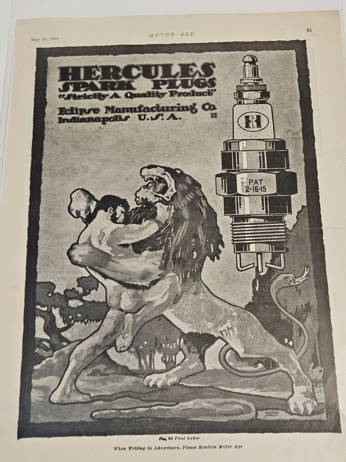 Vintage 1918 HERCULES Spark Plugs Car Motor Print Ad Art Lion