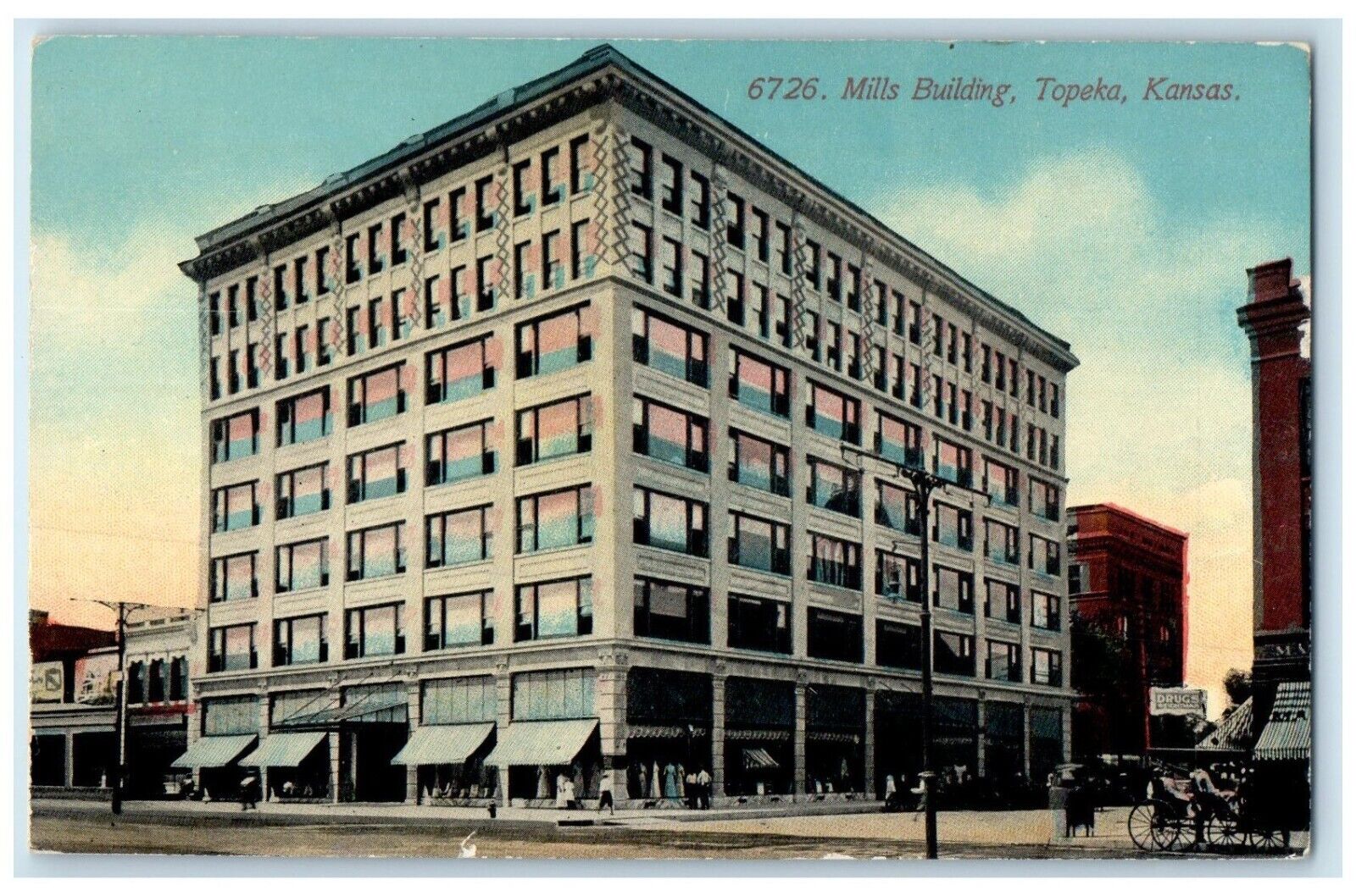 c1910 Mills Building Exterior Street Road Topeka Kansas Vintage Antique Postcard