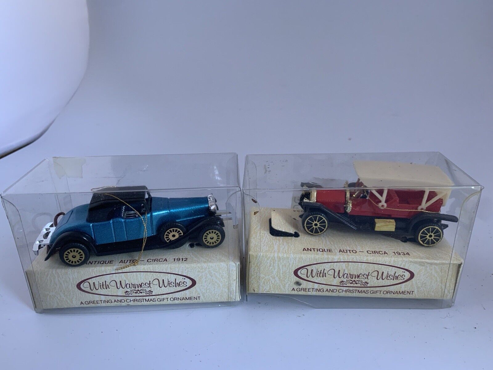 Pair of Vintage 1987 Bradford Novelty Co., Inc.  Diecast Car Ornaments