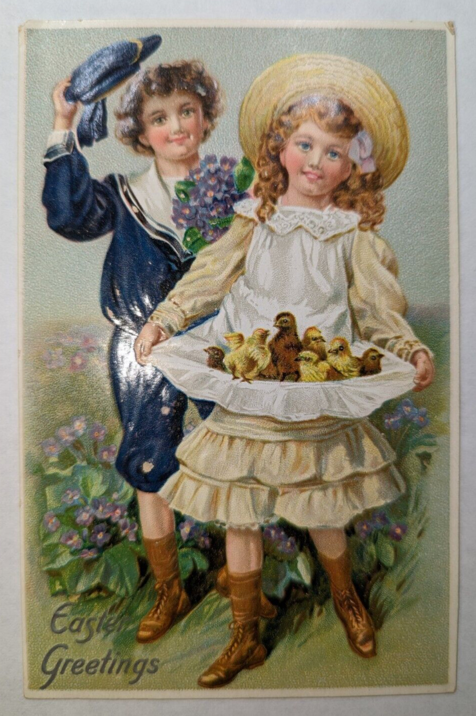 Raphael Tuck & Sons Easter Greetings Postcard Series #700 Boy Girl Chicks (pc-4)