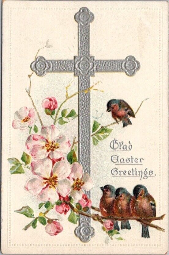 1909 EASTER Embossed Postcard Silver Cross / Birds on Tree Branch / TUCK'S #703