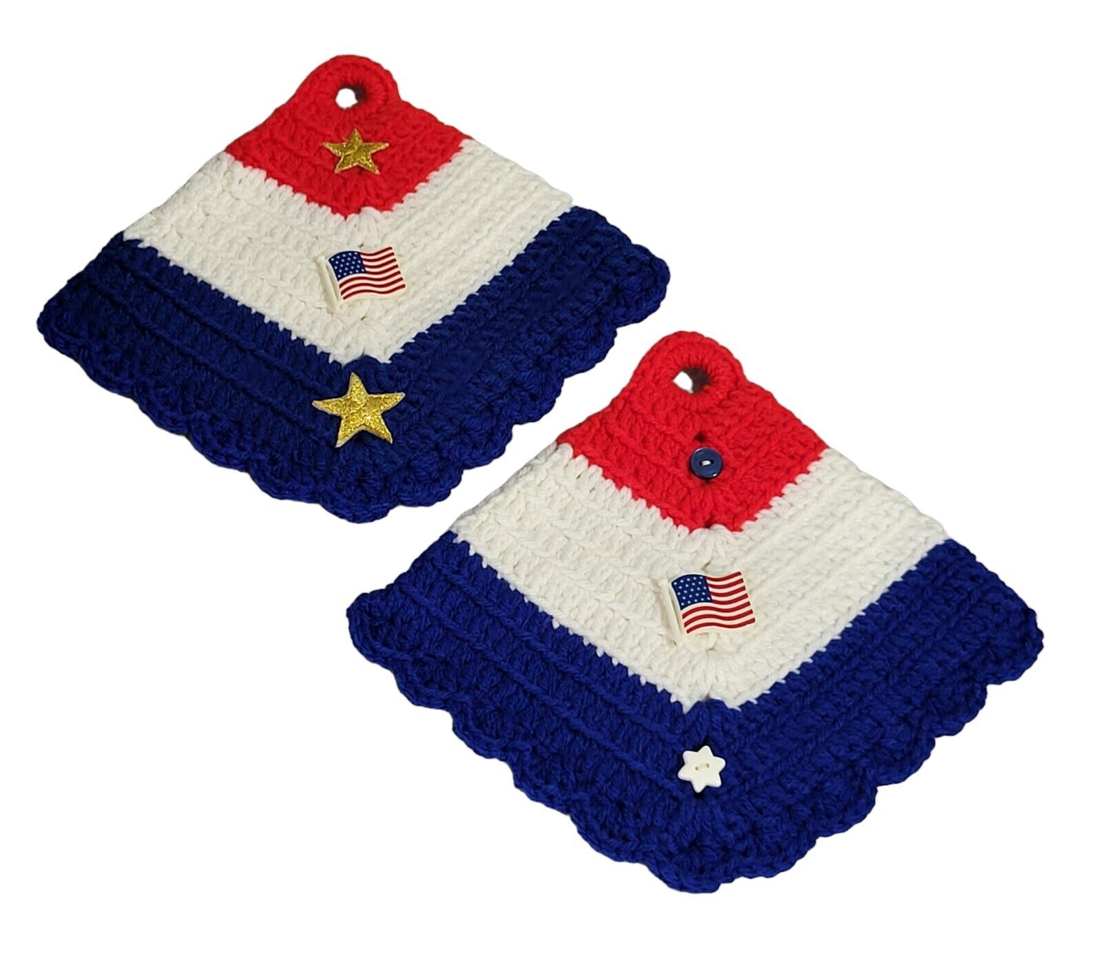 Set 2 Potholders Hot Pads Crochet Knit Red White Patriotic Americana Embellished