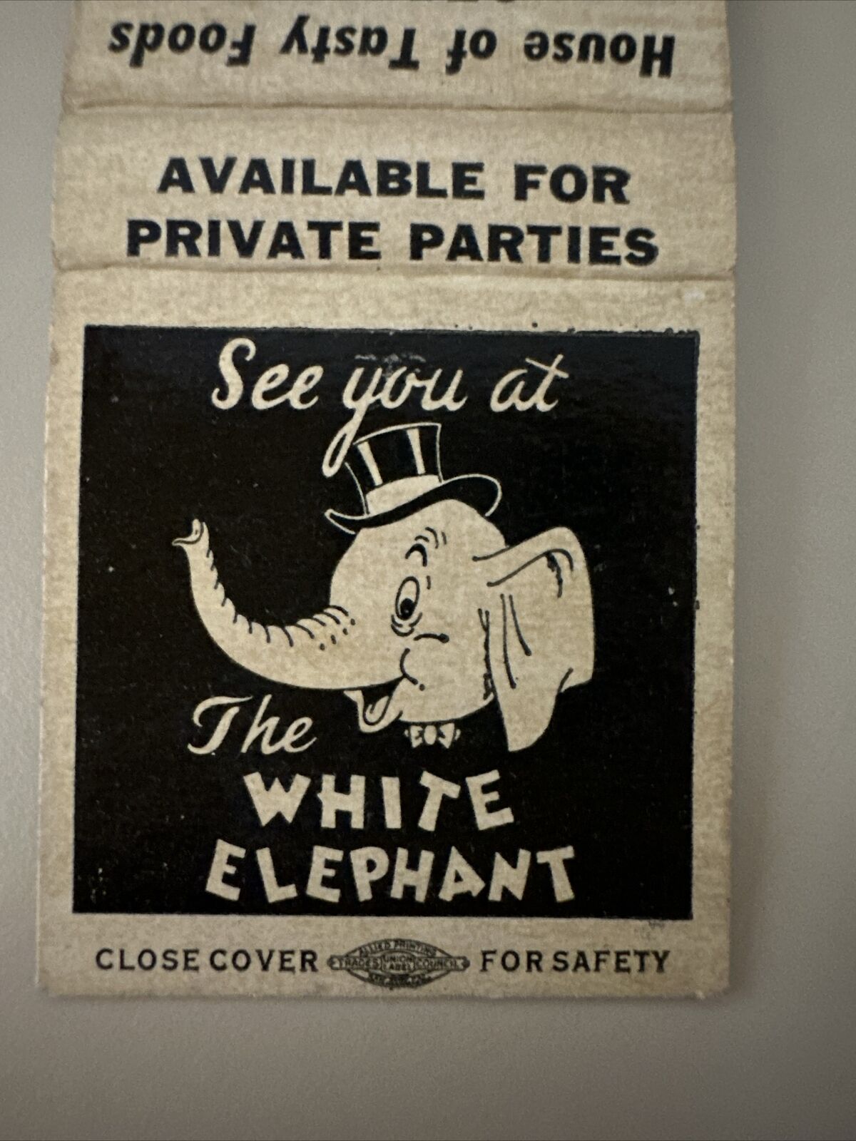 Vintage 1950s White Elephant Bar Matchbook Cover Taft California