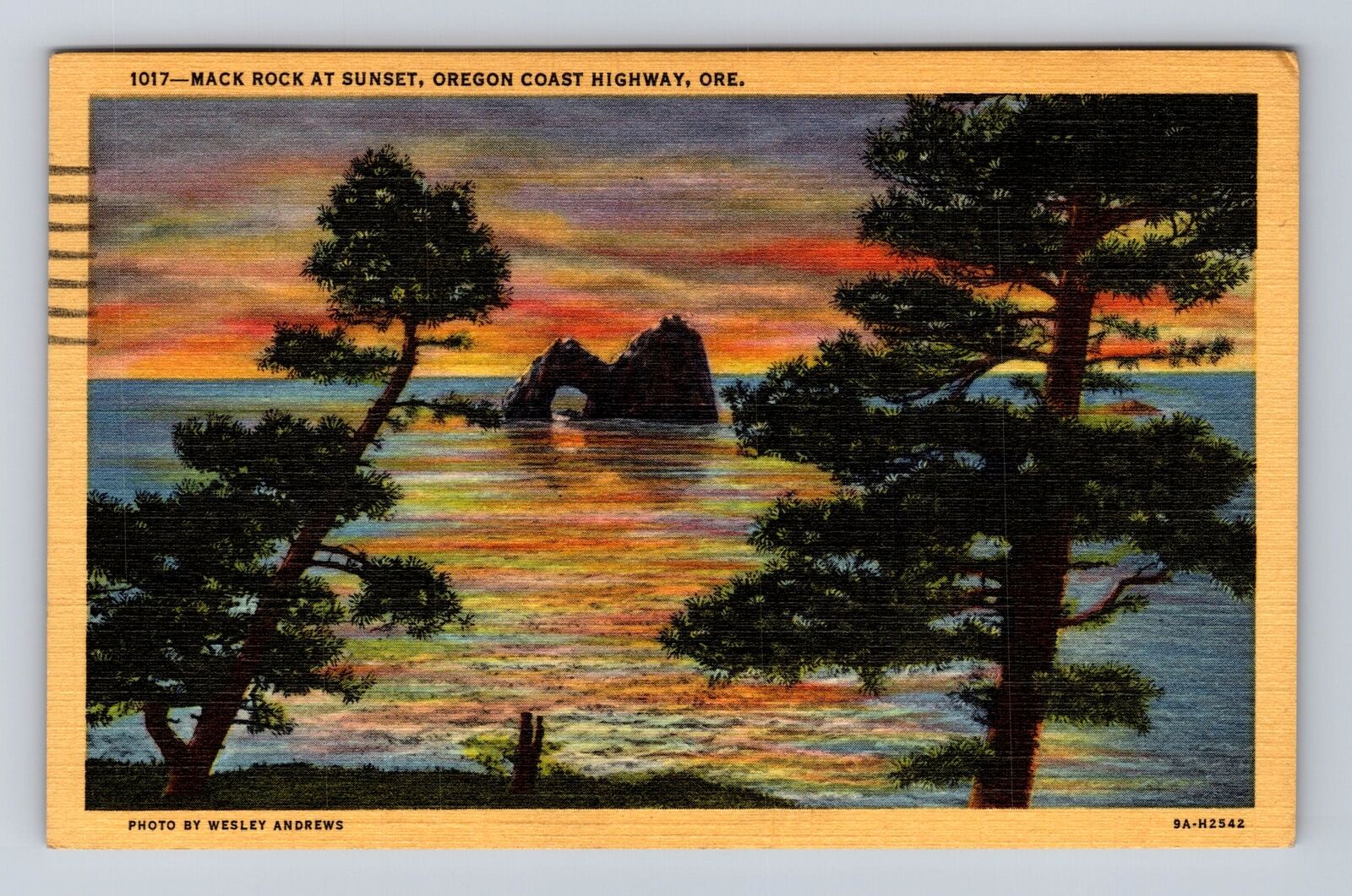 Oregon Coast Highway OR-Oregon, Mack Rock At Sunset, Vintage c1945 Postcard