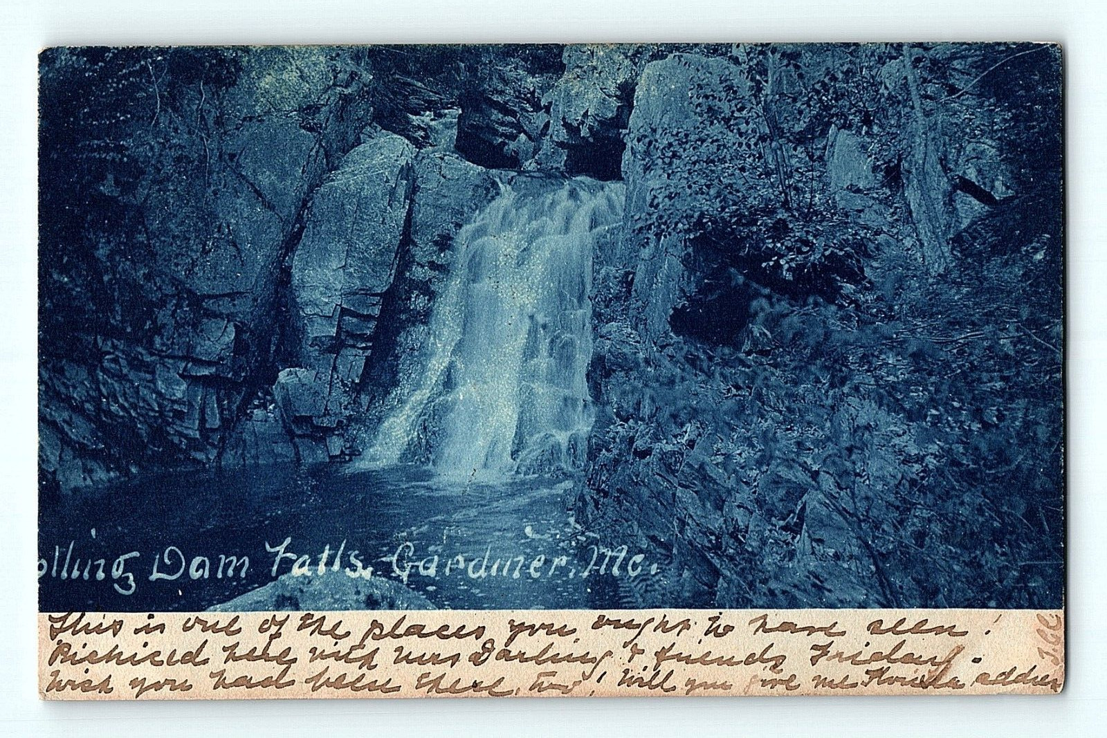 Blue Tinted Rolling Dams Falls Gardiner Maine 1906 Antique Postcard D4