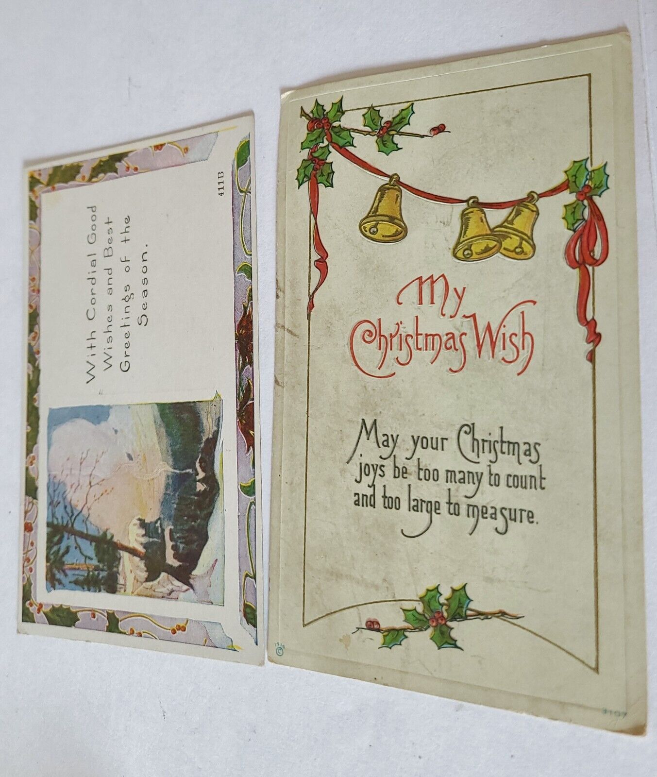 2 Antique Christmas Greetings Postcards Embossed Bells Winter Scene