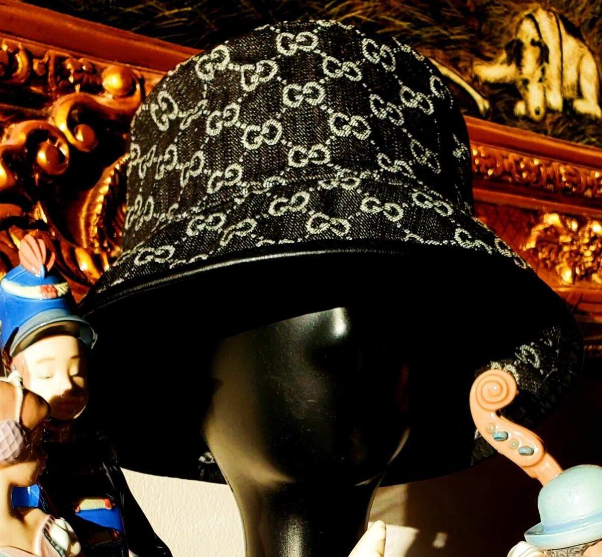Gucci GG Supreme Full Monogram Denim Canvas Bucket Hat Black Leather Trim`