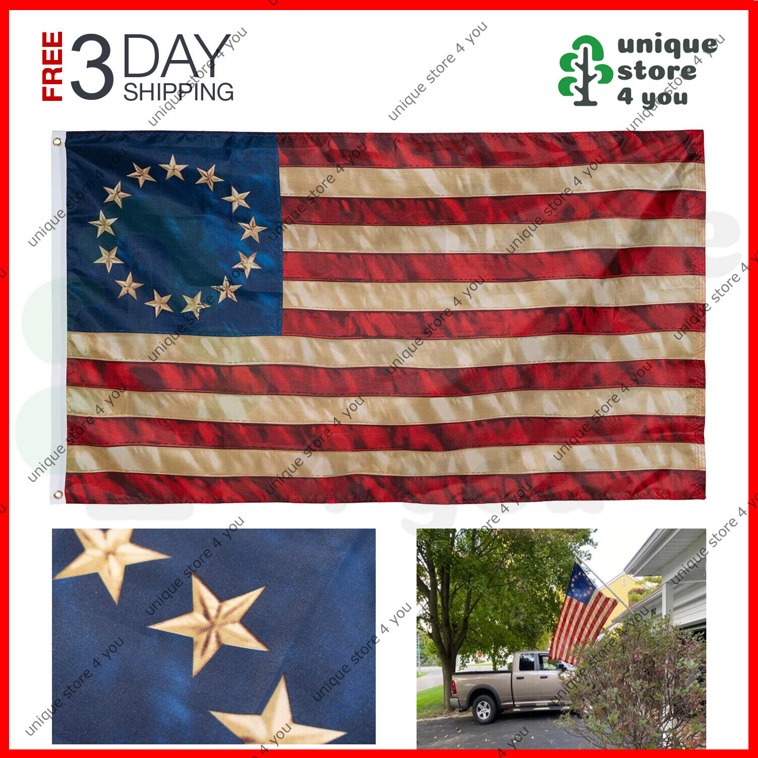 Betsy Ross Flag 3x5 Ft Vintage Tea Stained 13 Stars American Flags Colonial New
