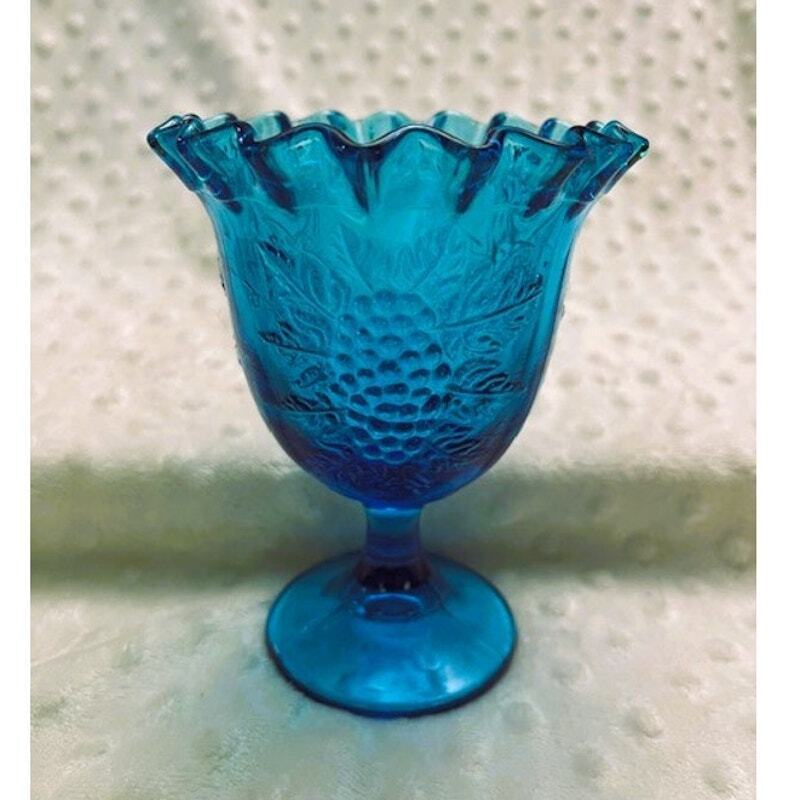 Vintage L E Smith Turquoise Blue, Grape Pattern, Crimped Rim, Footed Candy Dish