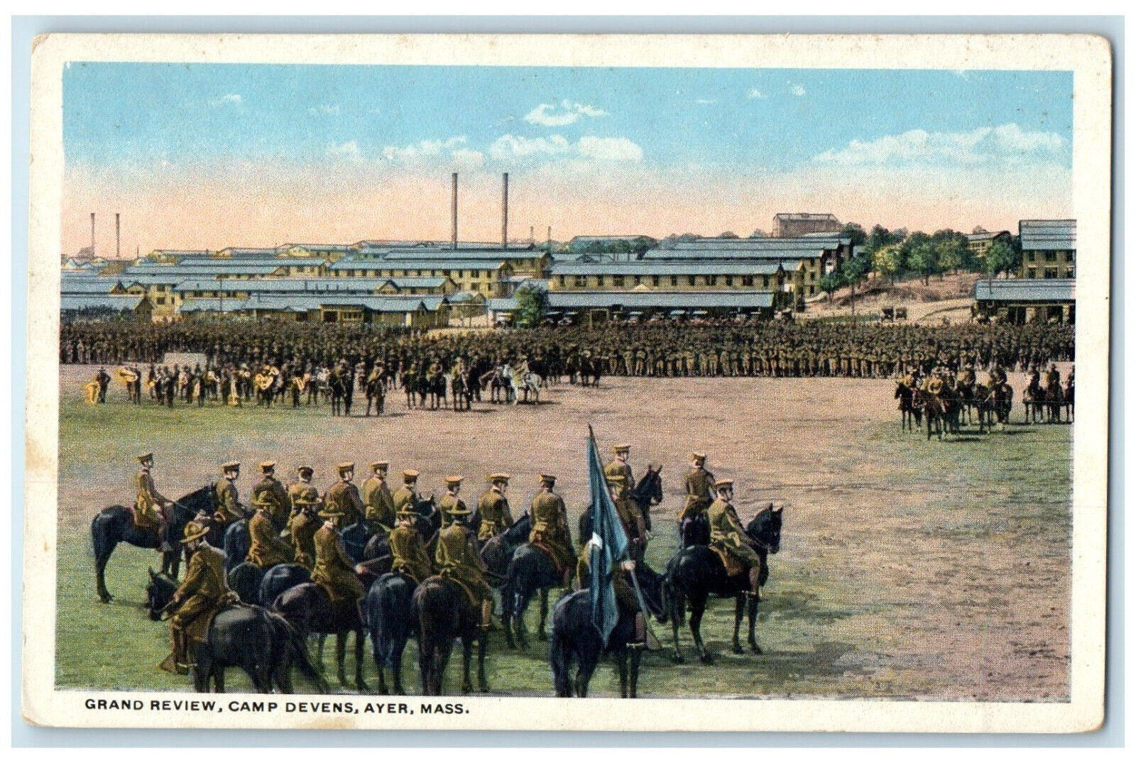 c1920's Grand Review Camp Devens Ayer Massachusetts MA Army Horse Postcard