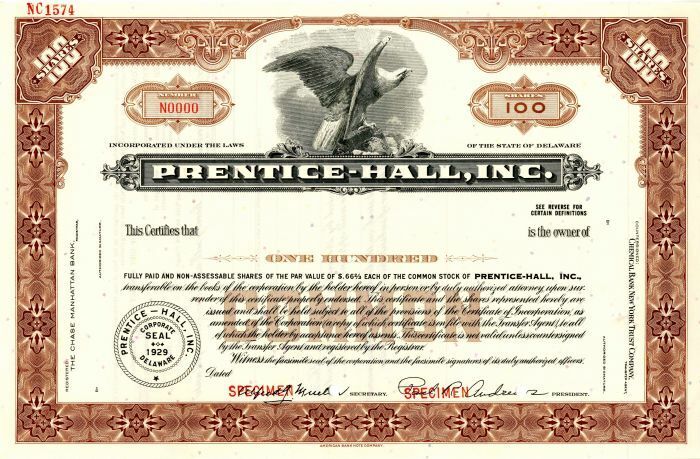 Prentice-Hall, Inc. - Stock Certificate - Specimen Stocks & Bonds