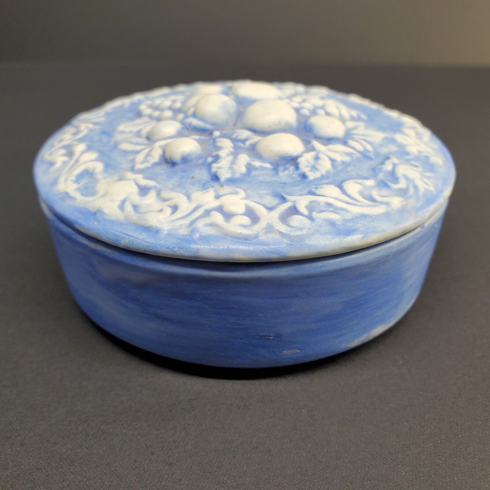 Vintage Hand Painted Pottery Trinket Dish Lt. Blue w/White Fruit Ceramic 1974