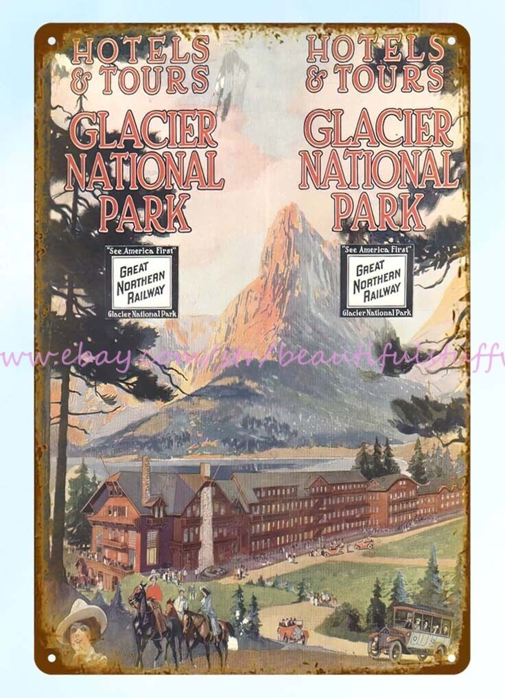 1912 Glacier national park hotels tours Grreat Northern Railway metal tin sign