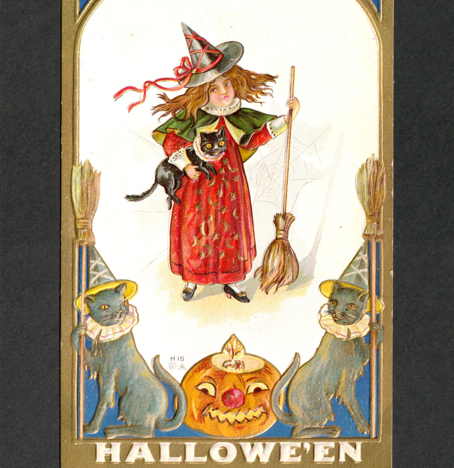 Halloween Witch Girl Nash H15 Embossed Pumpkin JOL Cats Broom Spiderweb PostCard