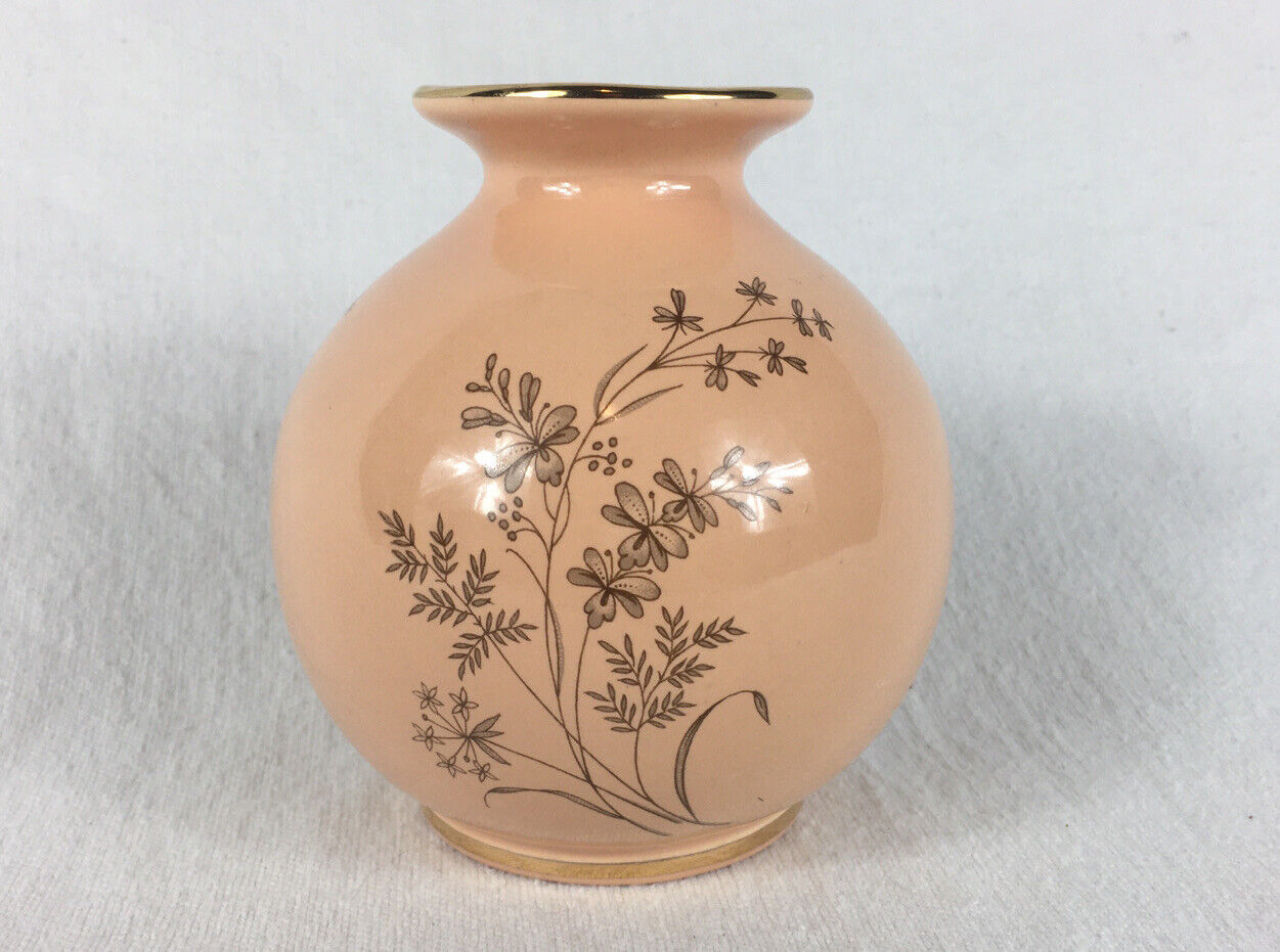 Vintage Hyalyn 834 Round Vase 4 1/2” Tall Floral Gold Trim                   USA