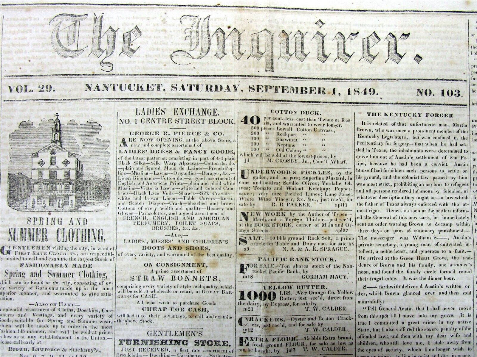 1849 Nantucket MA newspaper wth ESSAY to GO WEST & Join the CALIFORNIA GOLD RUSH
