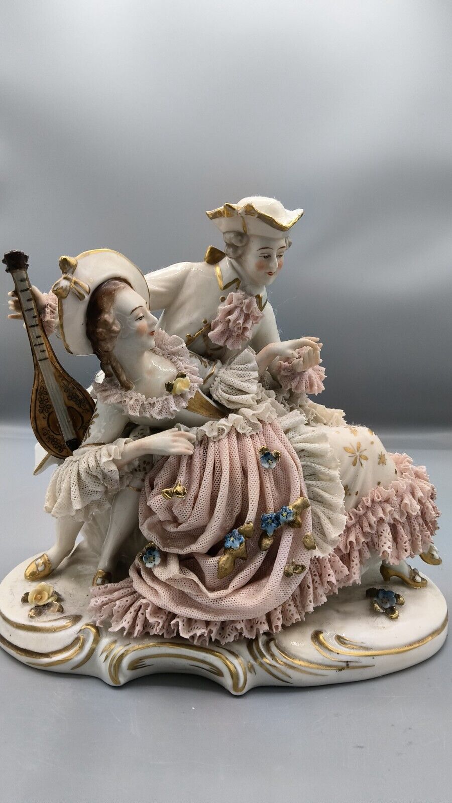 Vintage German Volkstedt Franz Witter Porcelain Lace Figurine Couple W Lute 8\