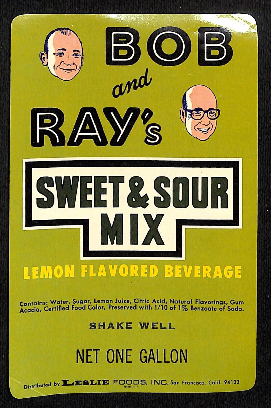 Bob and Ray Sweet & Sour Mix Paper Soda Label Leslie Foods c1965-70 Scarce