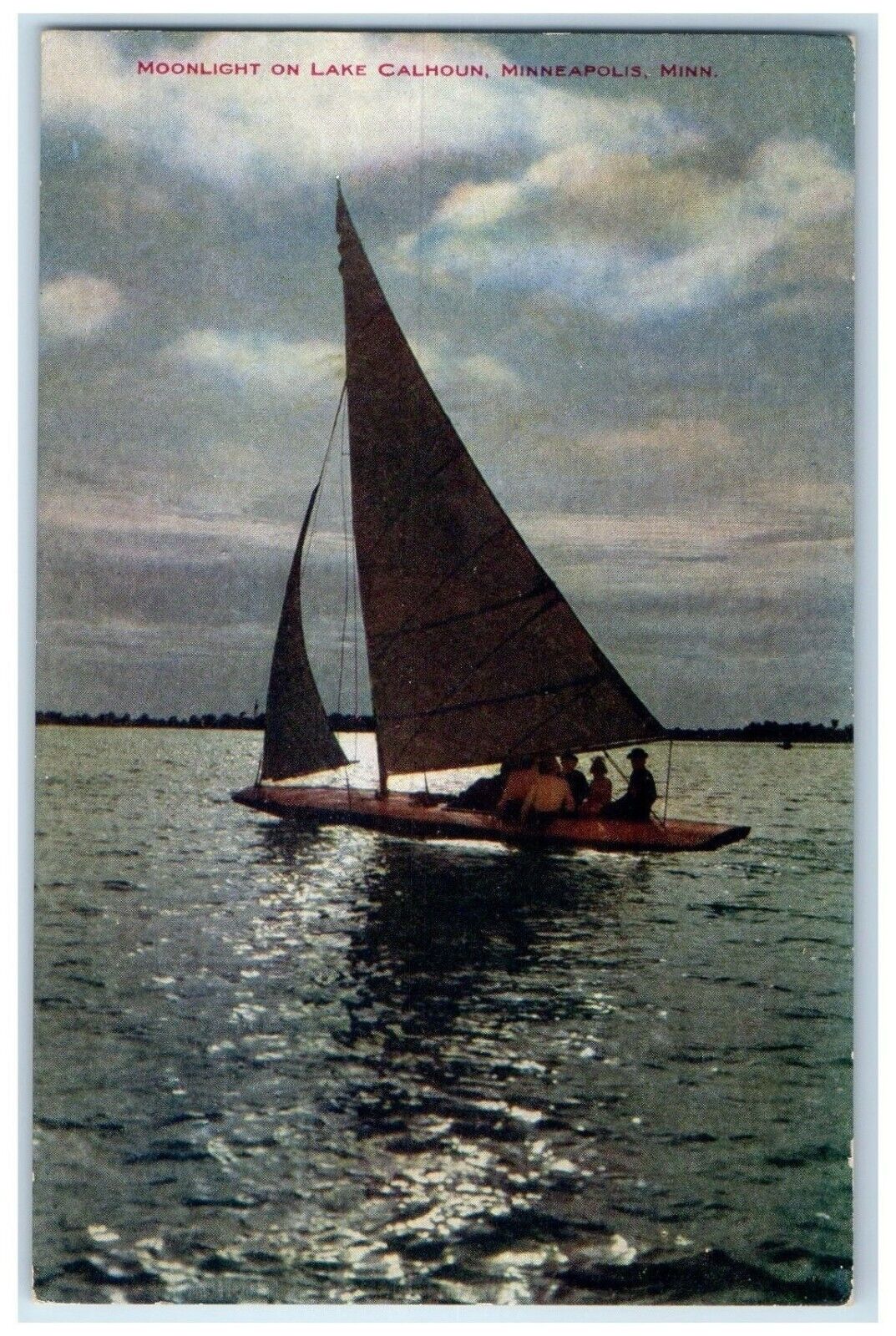 c1910 Moonlight Night Lake Sailboat Ship Calhoun Minneapolis Minnesota Postcard