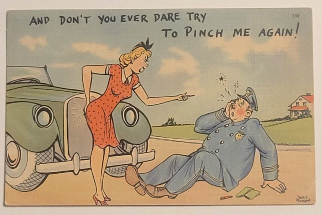 Police vs Lady Postcard 1942 Posted And Don\'t Ever Dare Try To Pinch Me Again